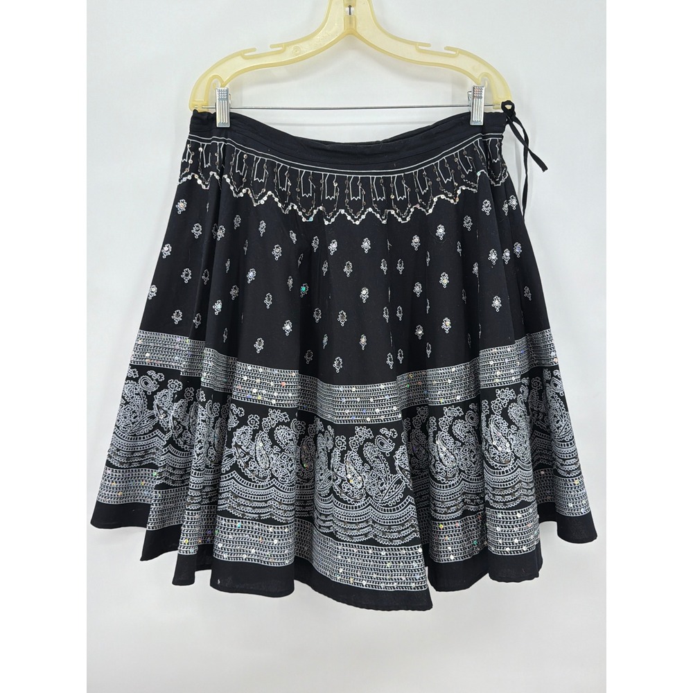 Mix Nouveau New York Black Cotton Sequin Paisley Print Skirt Size 14 Boho